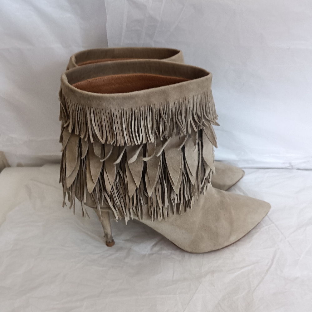 Aquazurra Sasha Fringe Suede Ankle Heeled Boots  Size 39